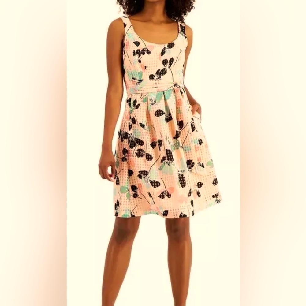 Anne Klein Checkered Floral Mini Dress Women’s 8 Peach Black Green NWT